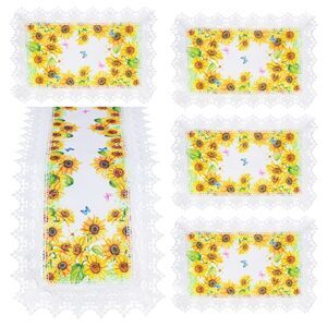 Sunflowers and Butterflies Elegant Lace Trimmed Runner and Placemats, Set of 5